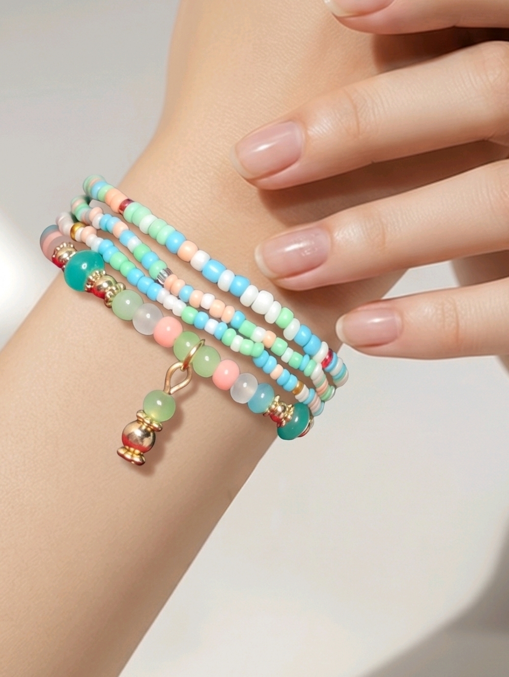 Bohemian Bead Bracelets Set of 4 – Pastel Mix Pink Blue Green White Dreamy Fun
